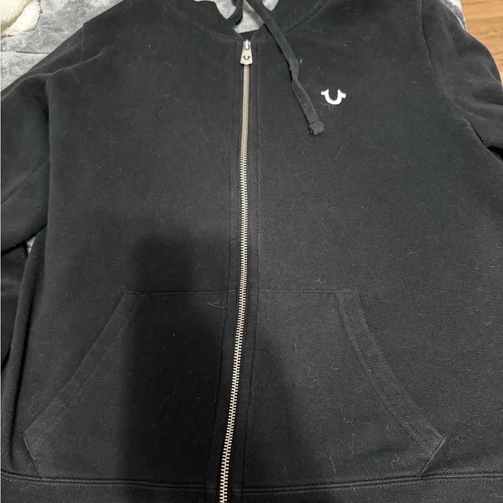 True Religion Black Full-Zip Hoodie with White Horseshoe Accent